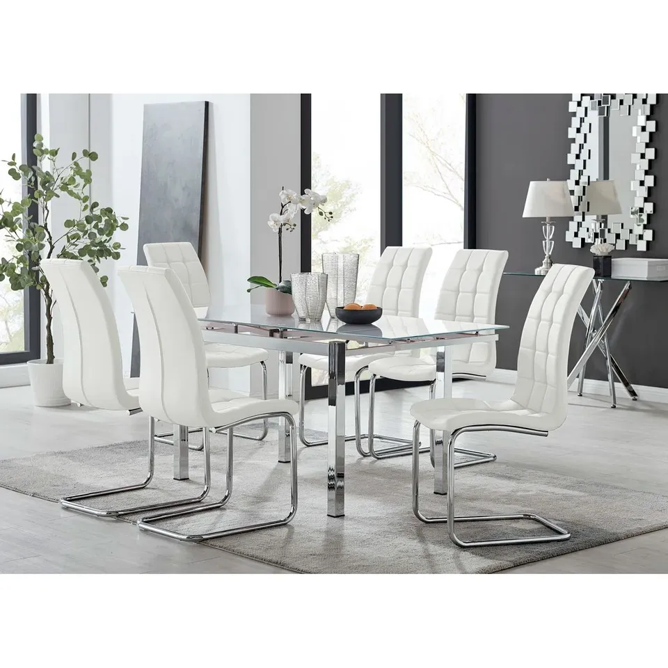 BOXED TIERRA GLASS AND CHROME METAL EXTENDABLE MODERN DINING TABLE 