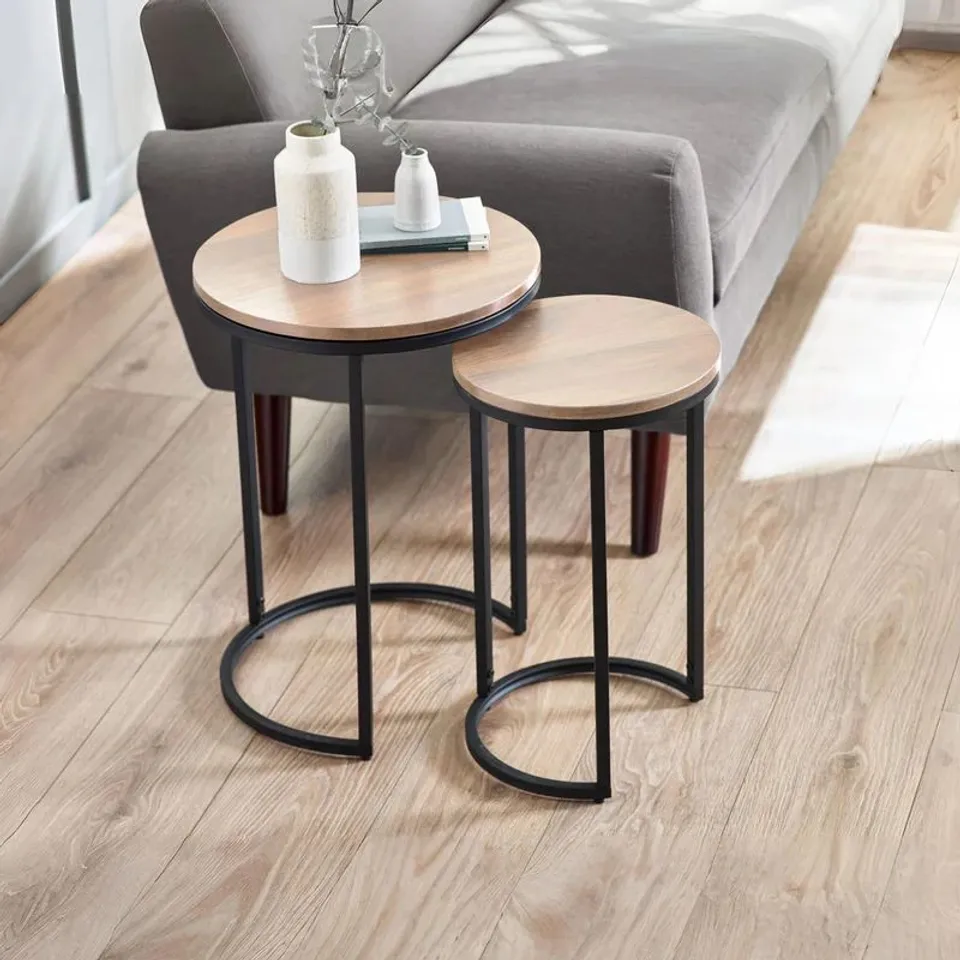 BOXED JULIAN BOWEN TRIBECA ROUND NESTING SIDE TABLES - SONOMA OAK/BLACK (1 BOX)