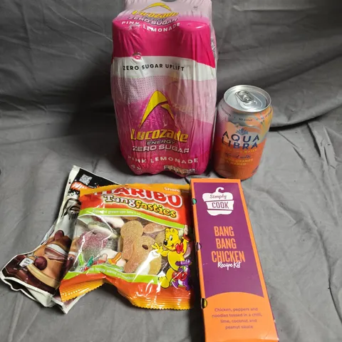 APPROXIMATELY 10 ASSORTED FOOD/DRINK PRODUCTS TO INCLUDE LUCOZADE, HARIBO, SIMPLY COOK SEASONING ETC 