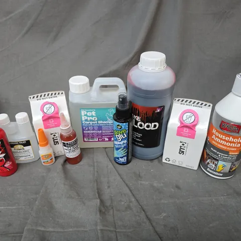 APPROXIMATELY 15 ASSORTED HOUSEHOLD LIQUID PRODUCTS TO INCLUDE FAKE BLOOD, PET PRO CARPET SHAMPOO, KNOCK OUT HOUSEHOLD AMMONIA, ETC - COLLECTION ONLY