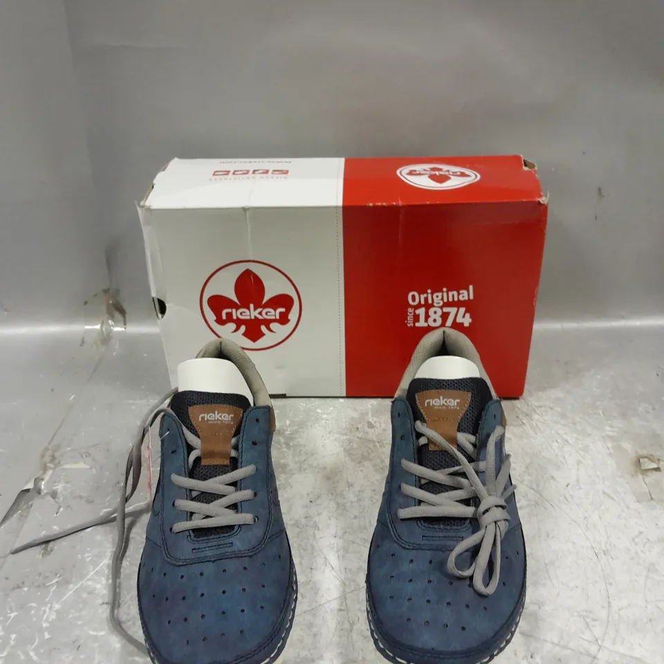BOXED PAIR OF RIEKER BLUE/BROWN LACE UP TRAINER UK 9