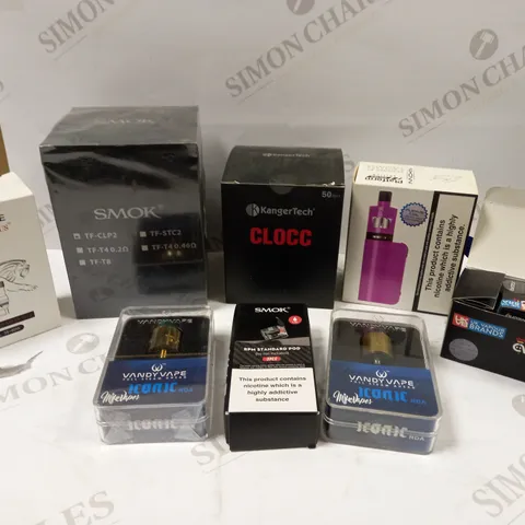 BOX OF 15 VAPING DEVICES AND ACCESSORIES TO INCLUDE VANDY VAPE ICONIC RDA, INNOKIN COOLFIRE MINI AND BOX OF KANGERTECH CLOCC