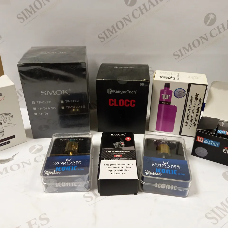 BOX OF 15 VAPING DEVICES AND ACCESSORIES TO INCLUDE VANDY VAPE ICONIC RDA, INNOKIN COOLFIRE MINI AND BOX OF KANGERTECH CLOCC