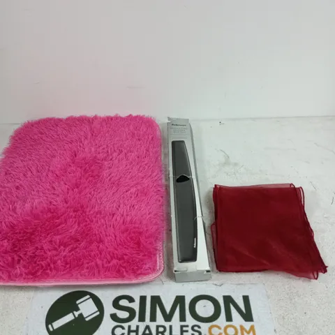 BOX OF APPROXIMATELY 20 HOUSEHOLD ITEMS TO INCLUDE PINK BATH MAT, FELLOWES KEYBOARD WRIST REST AND RED FABRIC