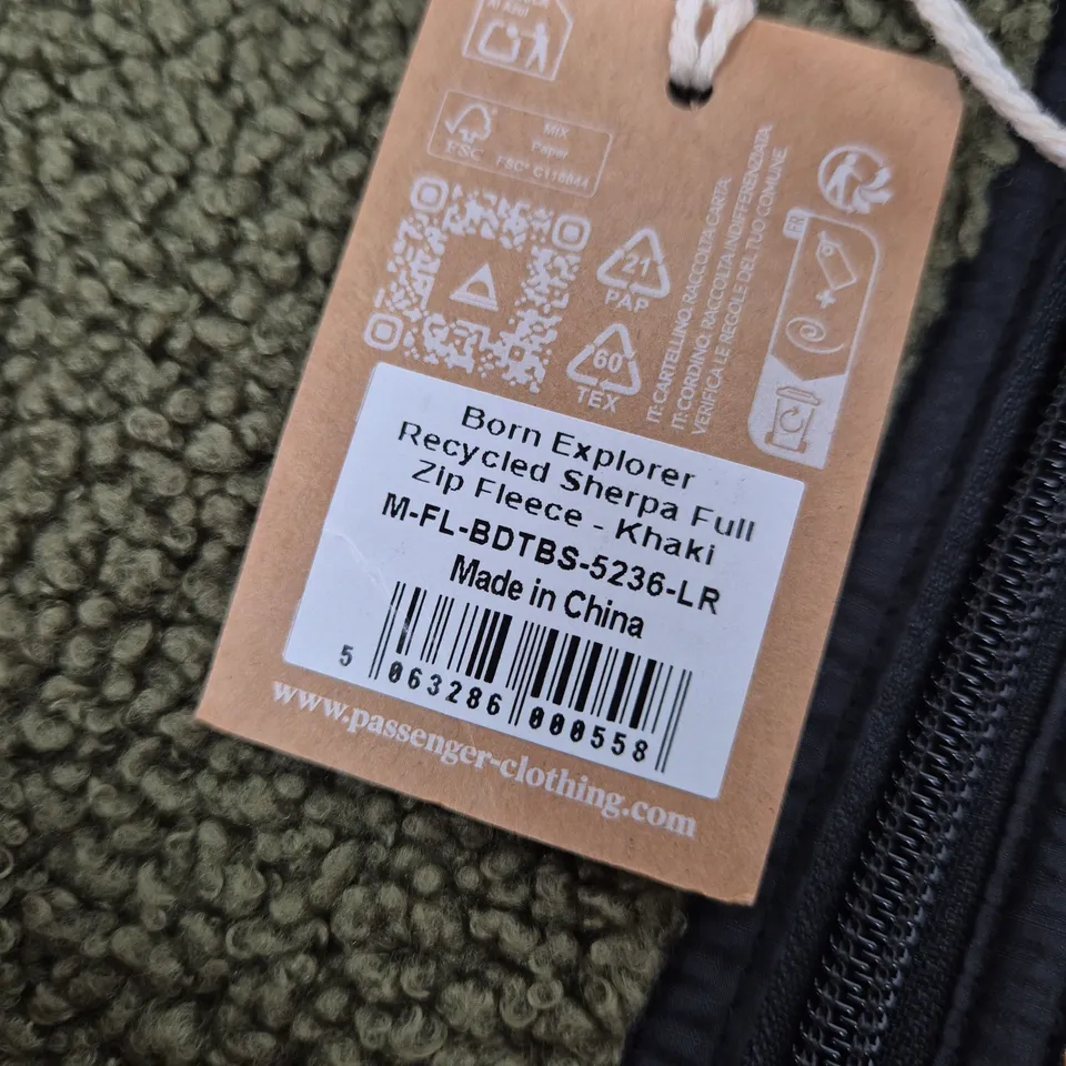 PASSENGER RECYCLED SHERPA FULL ZIP FLEECE JACKET – KHAKI, UK L