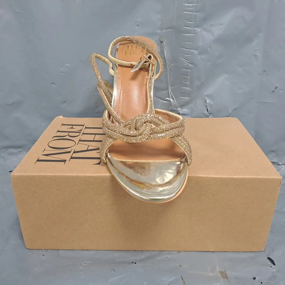 BOXED PAIR OF WHERE'S THAT FROM OPEN TOE STILETTO HEEL SANDAL IN METALLIC GOLD SIZE UK 7