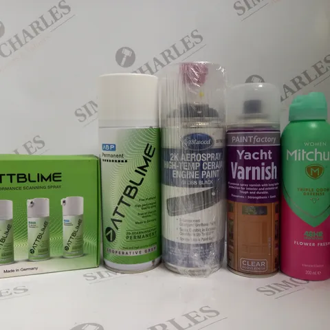 BOX OF APPROX 12 ASSORTED AEROSOLS TO INCLUDE ATTBLIME SCANNING SPRAY, MITCHUM DEODORANT, ROOT PERFECT BLACK HAIR CONCEALER, ETC