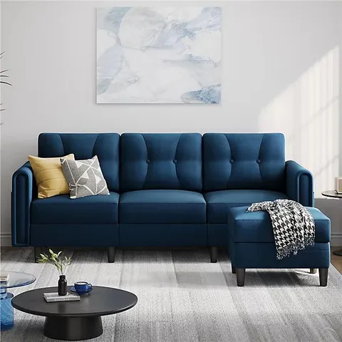 BOXED YAHEETECH 3 SEATER UPHOLSTERED CORNER SOFA WITH OTTOMAN - BLUE (3 BOXES)