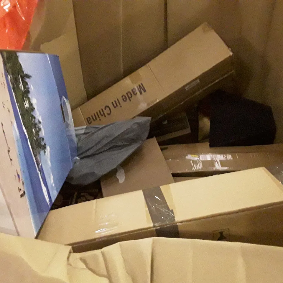 PALLET OF ASSORTED PRODUCTS INCLUDING LED MIRROR, COMPUTER DESK, ROUND BALLOON ARCH STAND, AIR BED, KIDS TRACTOR TOY, 2 IN 1 CURLING GAME