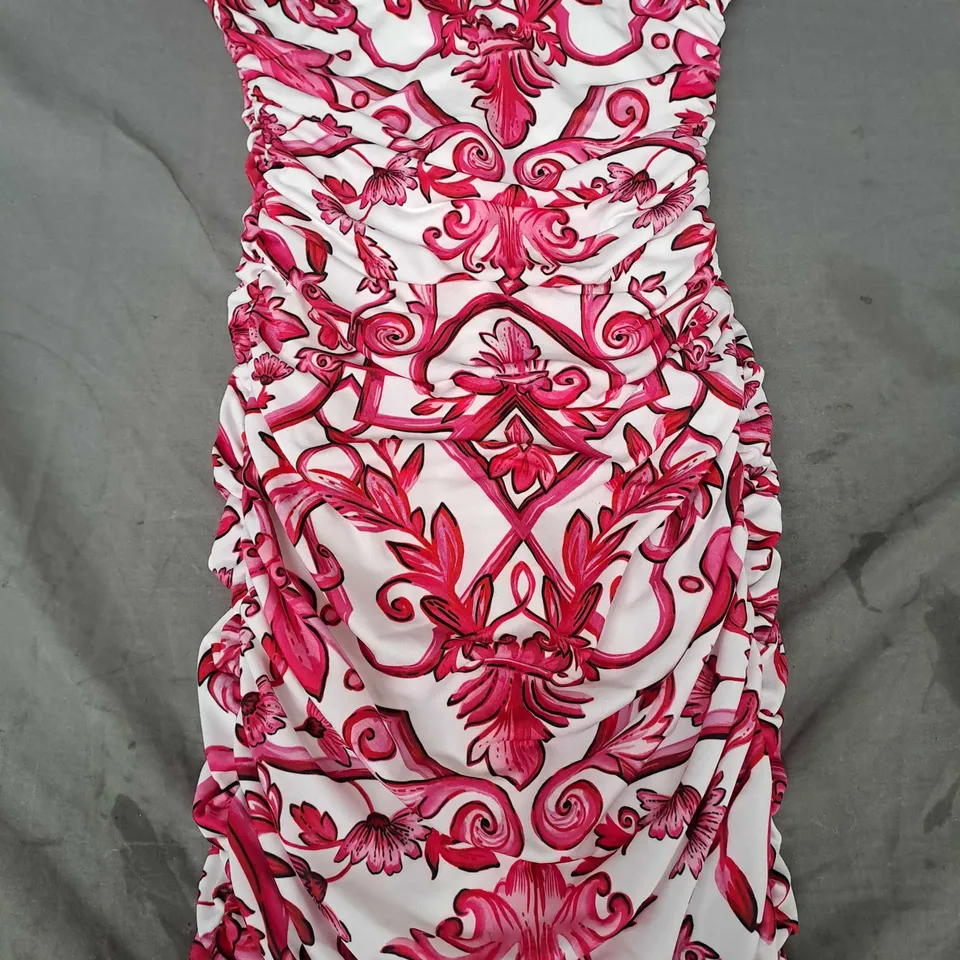 CLUB L BULIANNA OINK PORCELAIN PRINT STRAPLESS BODYCON RUCHED MIDI DRESS SIZE 6