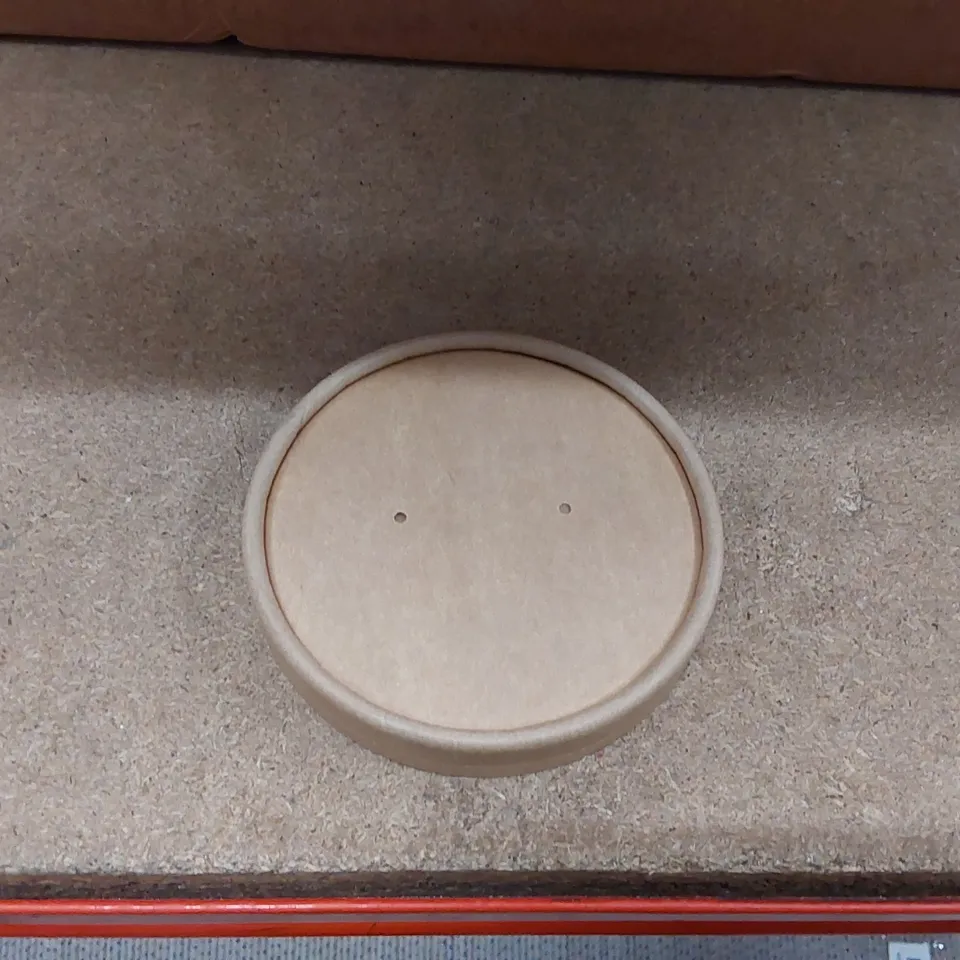 BOX OF APPROXIMATELY 500X COLPAC RECYCLABLE KRAFT MICROWAVABLE SOUP CUP LIDS 8OZ AND 12OZ (1 BOX)