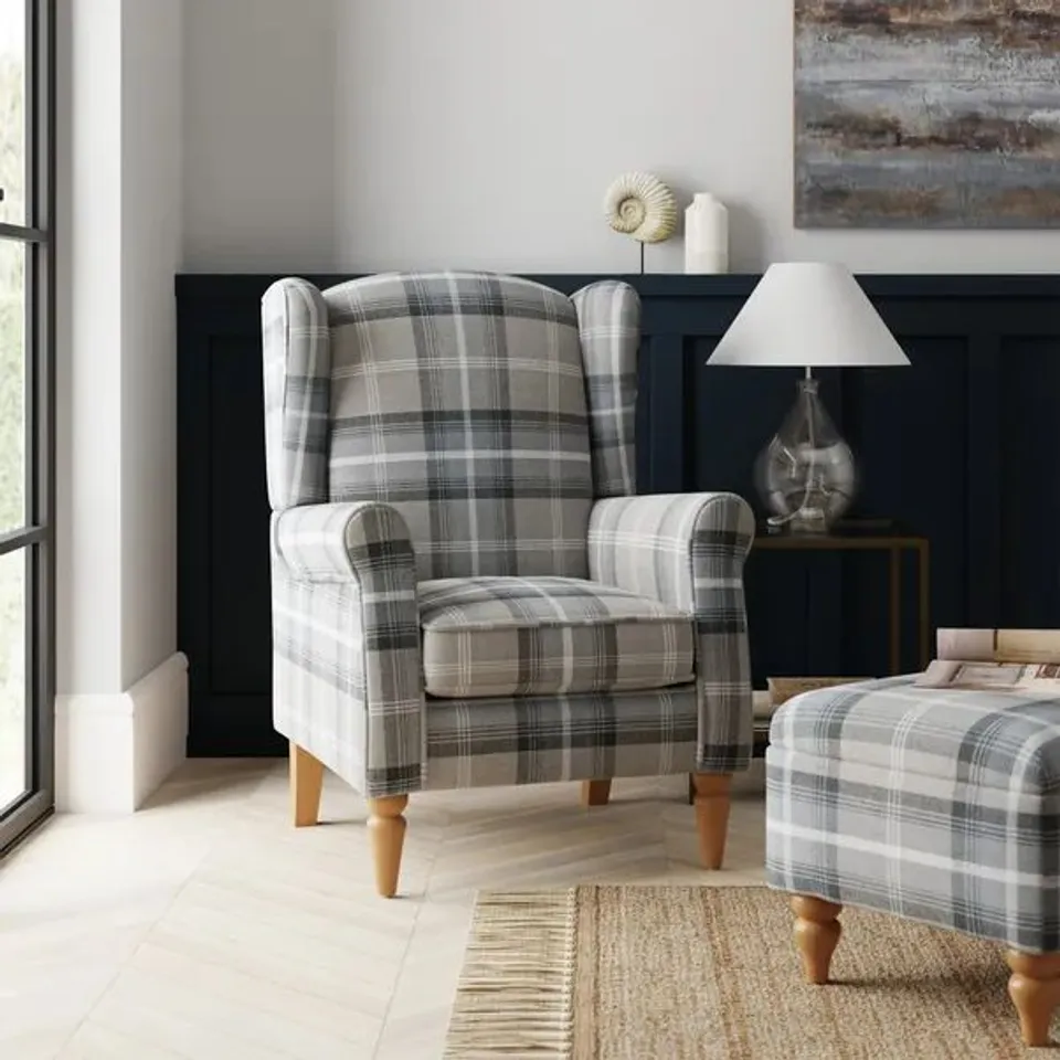 BOXED OSWALD CHECK WINGBACK ARMCHAIR, NATURAL GREY CHECK (1 BOX)