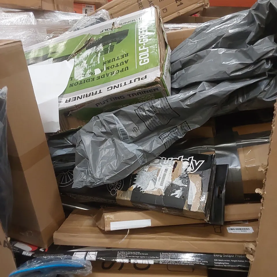 PALLET OF ASSORTED HOUSEHOLD ITEMS AND CONSUMER PRODUCTS TO INCLUDE; BENCH PRESS RESISTANCE BAND, BOW, PADDLE, SPORTING EQUIPMENT, BOXED FURNITURE ETC 