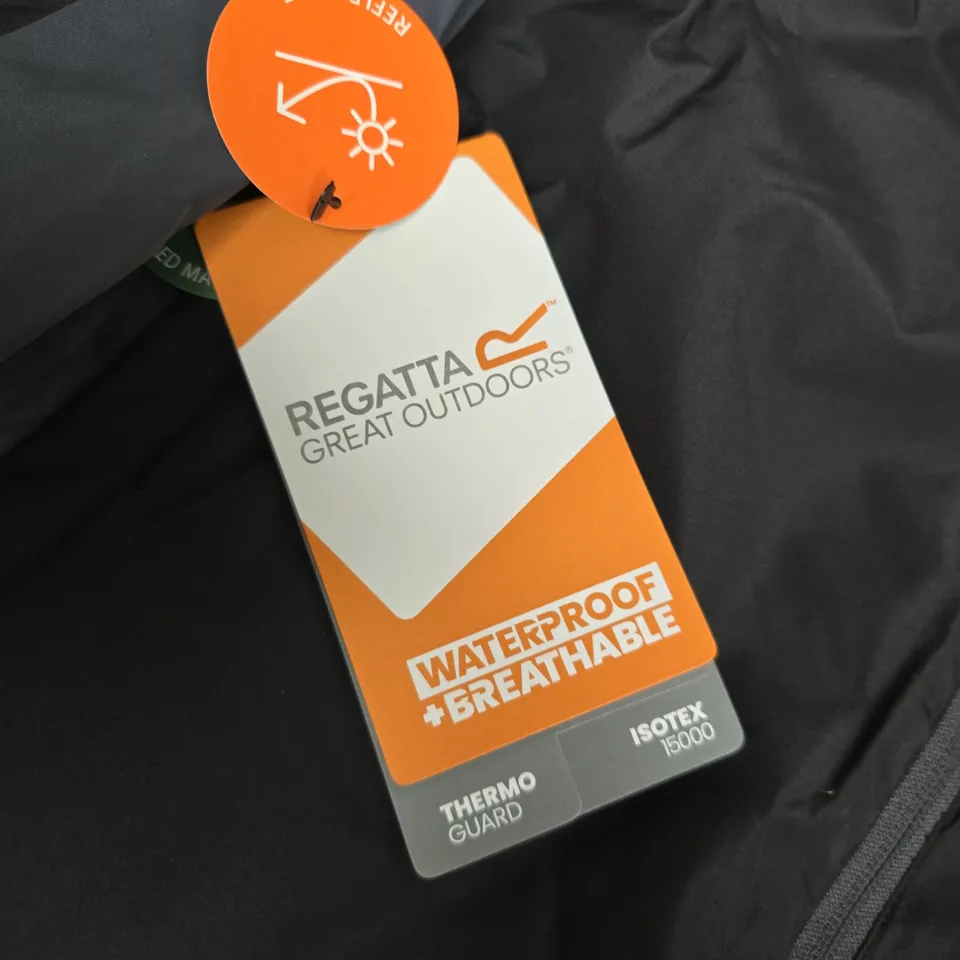 REGATTA HYDRAFORT KIDS WATERPROOF JACKET – UK 15/16, BLACK WITH GREY PANELS