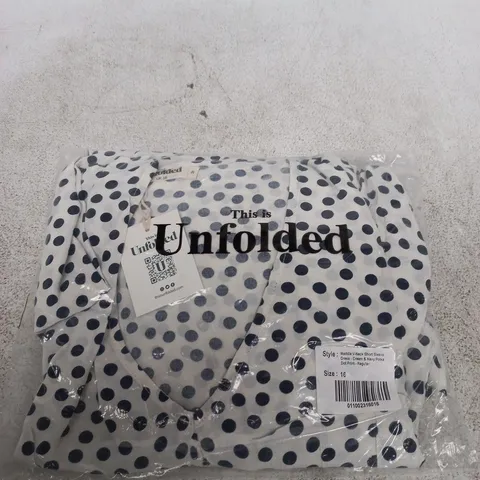 UNFOLDED MADDIE V-NECK SHORT SLEEVE DRESS – CREAM & NAVY POLKA DOTS, UK 16