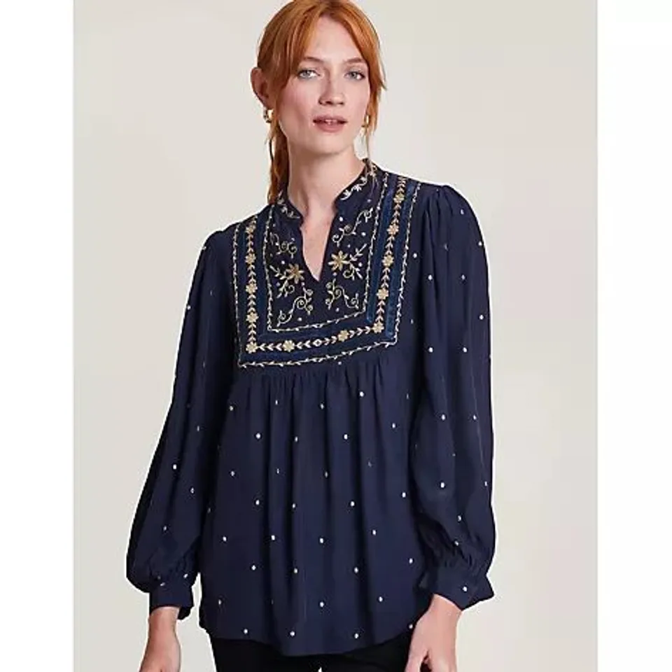 MONSOON ELEANOR EMBROIDERED TOP- NAVY SMALL