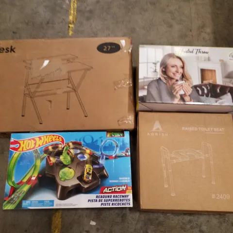 PALLET CONTAINING ASSORTED PRODUCTS INCLUDING HEATED THROW, RAISED TOILET SEAT, COMPUTER DESK & HOT WHEELS ACTION REBOUND RACEWAY SET