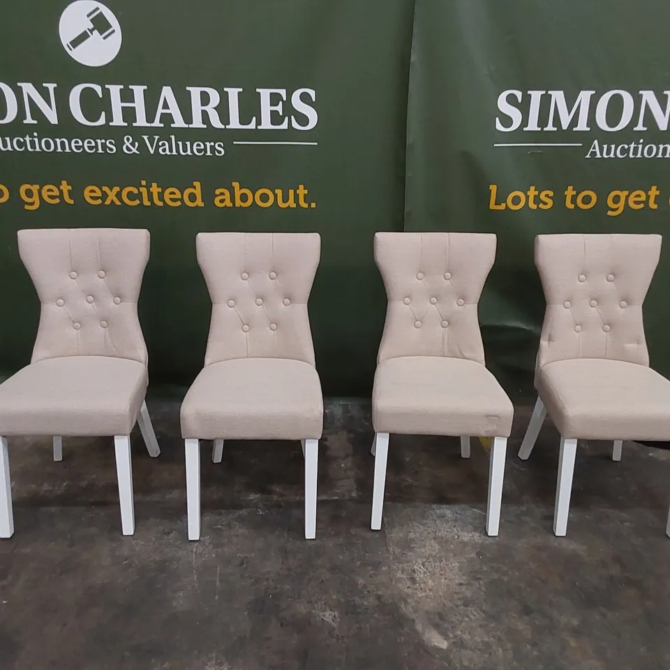 SET OF 4 BEWLEY OATMEAL FABRIC BUTTON BACK DINING CHAIRS WITH WHITE LEGS 