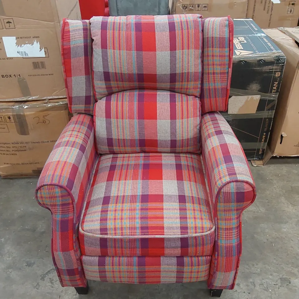 DESIGNER FABRIC UPHOLSTERED TARTAN PATTERN MANUAL RECLINER SOFA 