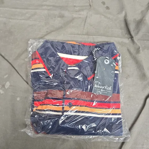BAGGED WEIRD FISH SUNBURY STRIPE POLO SHIRT – DARK BLUE - LARGE