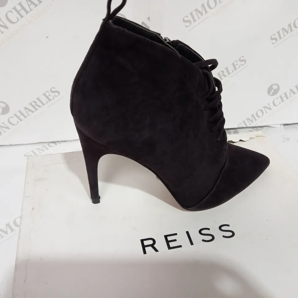 BOXED REISS SUEDE CHOCOLATE BOOT HEELS - SIZE 5