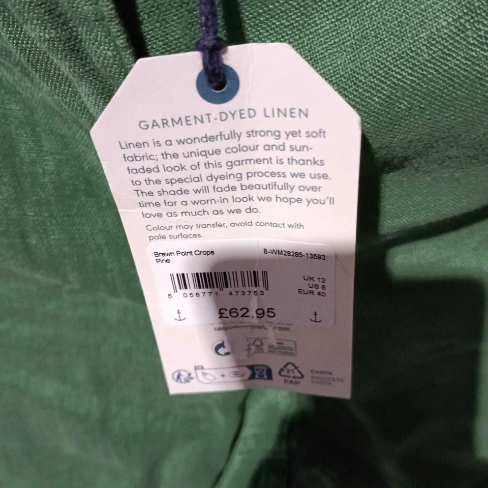 GREEN GARMENT-DYED LINEN CROPPED TROUSERS – UK 12 SEA SALT CORNWALL
