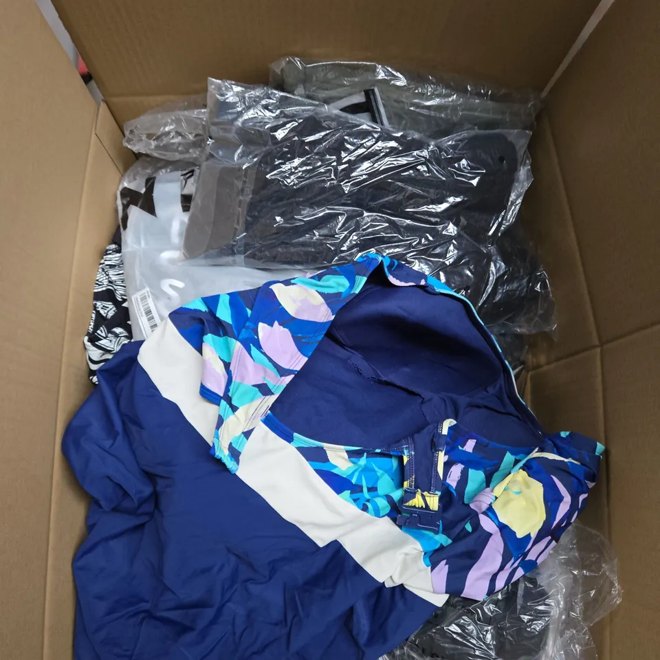 LARGE BOX OF ASSORTED CLOTHING ITEMS IN VARIOUS STYLES, COLOURS AND SIZES