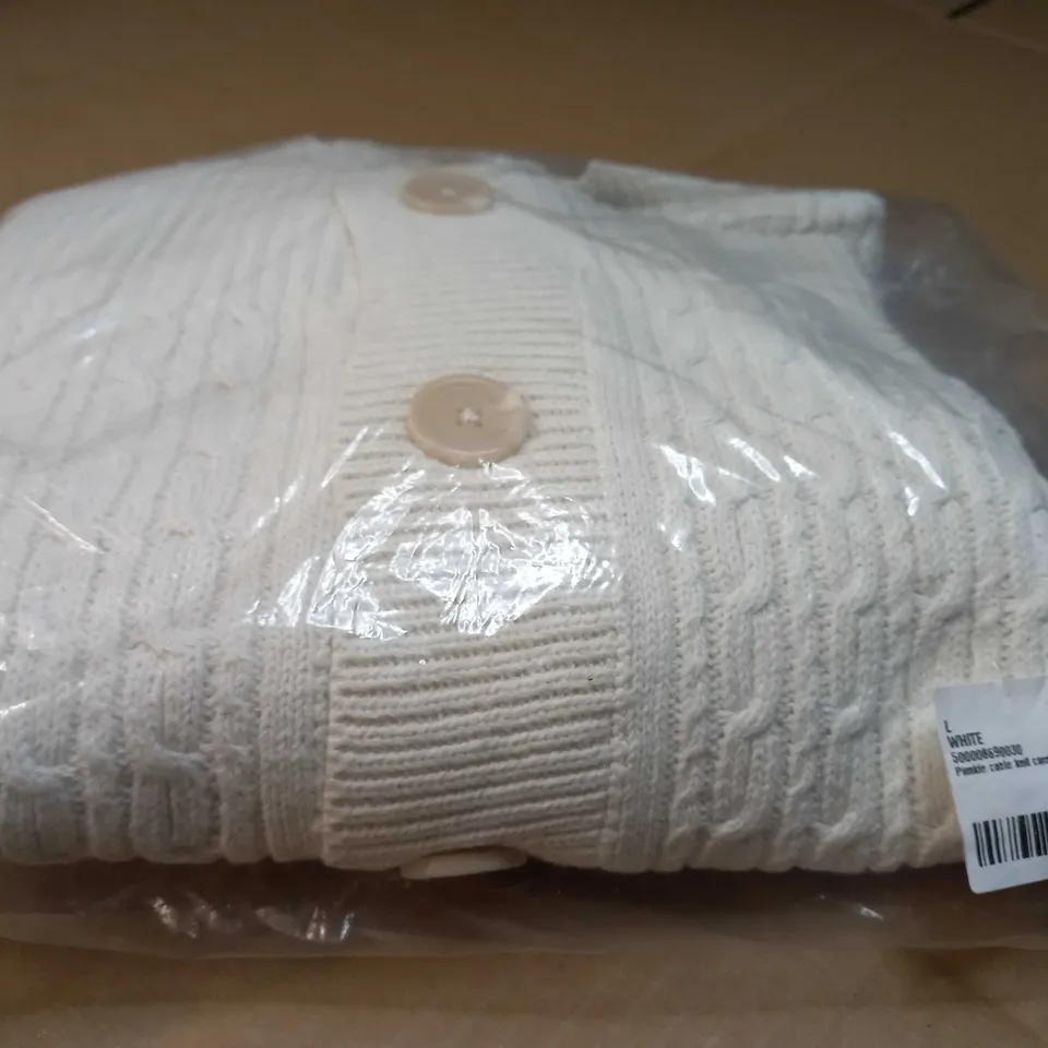 PACKAGED WHITE PIMKIE CABLE KNIT CARDIGAN - LARGE