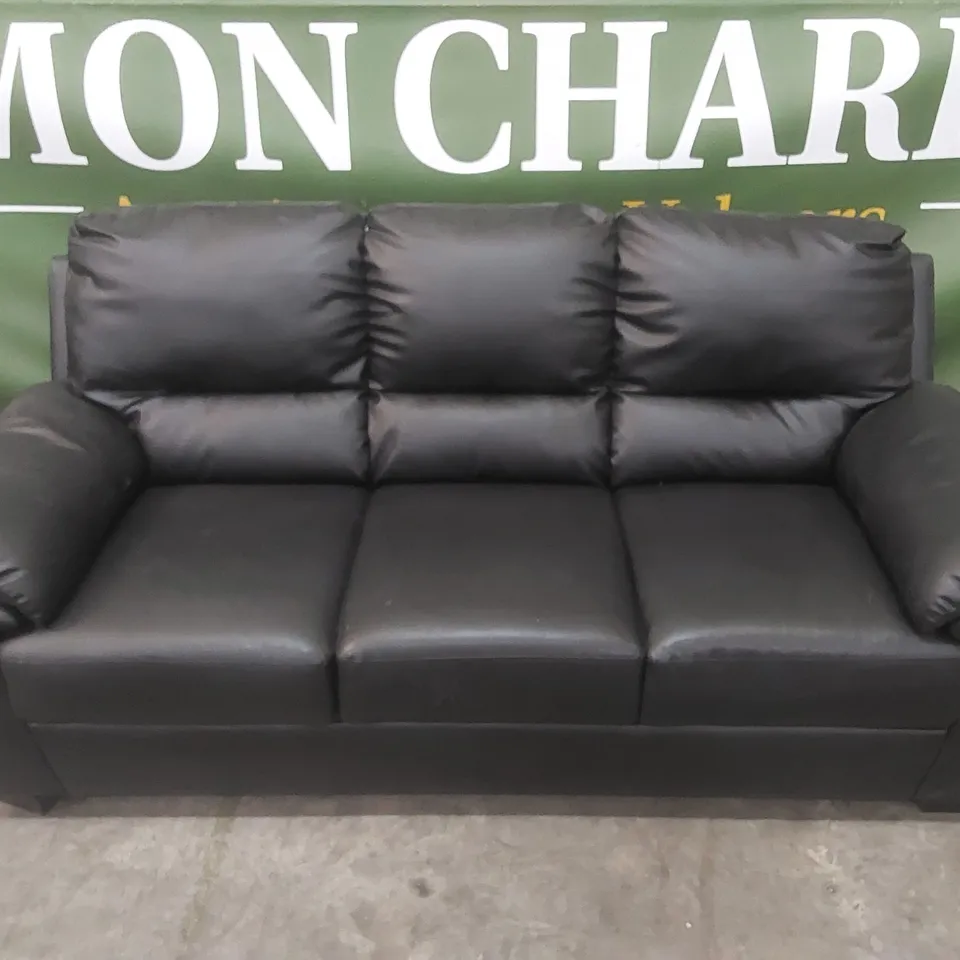 DESIGNER 3 SEATER BLACK FAUX LEATHER SOFA