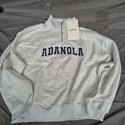 ADANOLA VARSITY RELAXED FUNNEL NECK ZIP SWEATSHIRT – LIGHT GREY MELANGE WITH NAVY, SIZE L