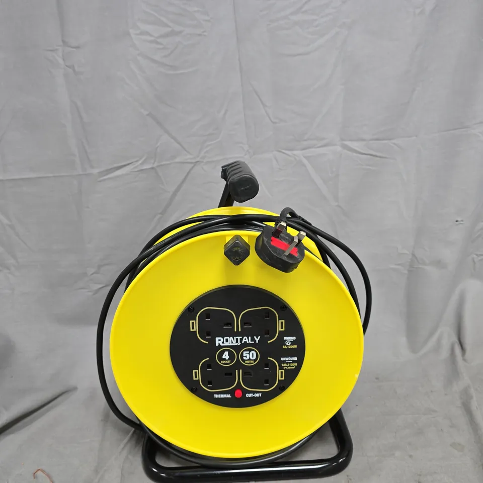 RONTALY YELLOW 50M HEAVY-DUTY EXTENSION CABLE REEL WITH 4 SOCKETS