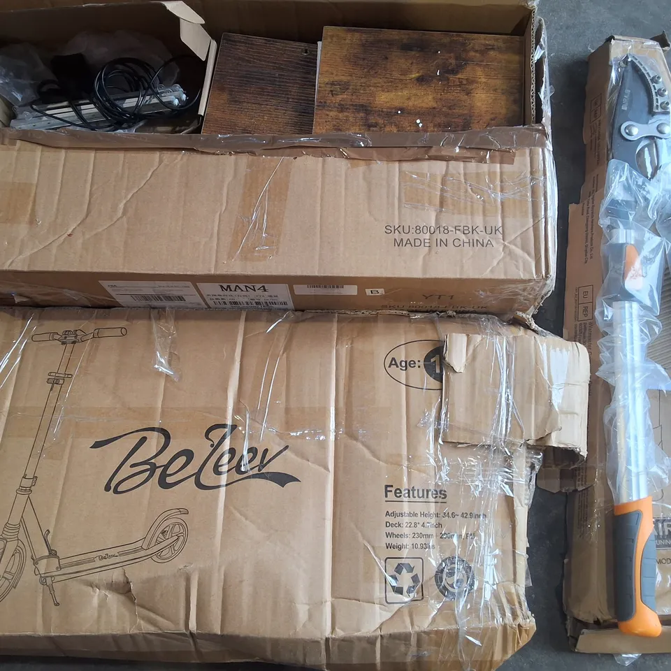 PALLET OF ASSORTED HOUSEHOLD ITEMS TO INCLUDE 180CM FAUX FICUS TREE, SCOOTER AND PRUNING SHEARS
