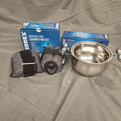 BOX OF APPROXIMATELY 12 ASSORTED HOUSEHOLD ITEMS TO INCLUDE - FERREX WIRE BRUSH SET - STAINLESS STEEL COOKING POT - 2KG ANKLE WEIGHTS - ETC - COLLECTION ONLY