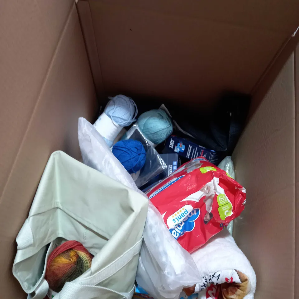 BOX OF APPROXIMATELY 20 ASSORTED ITEMS TO INCLUDE MAGNERS BOTTLE, MAMIA NAPPYS, YARN ETC