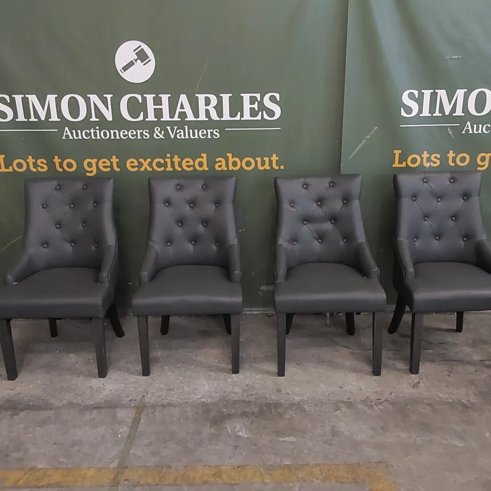 SET OF 4 DUKE GREY LEATHER BUTTON BACK DINING CHAIRS WITH GREY LEGS 