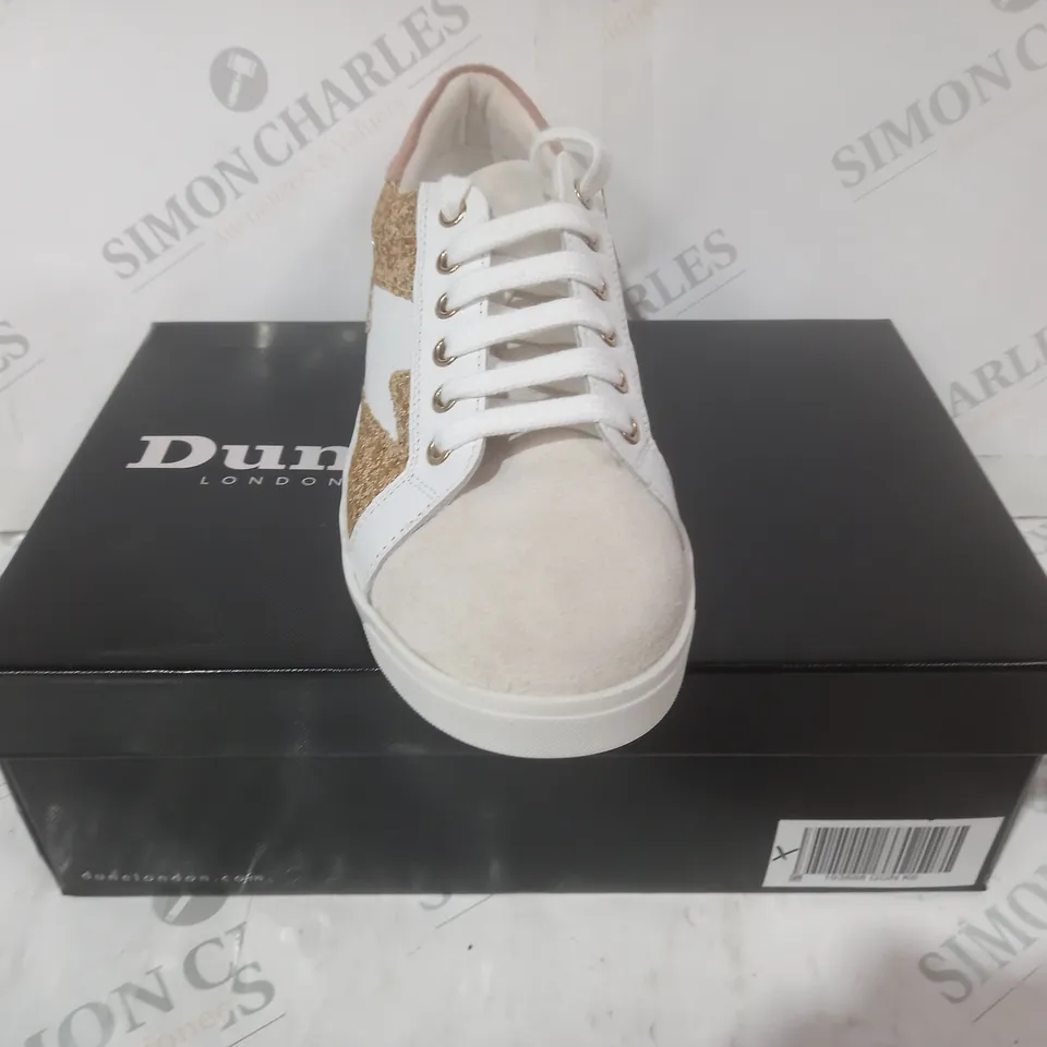 BOXED PAIR OF DUNE LONDON ENERGISED LIGHTNING BOLT TRAINERS IN GOLD/WHITE/PINK SIZE 6