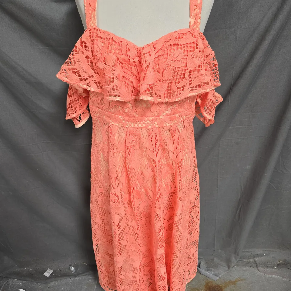 COAST OFF THE SHOULDER LACE FIT AND FLARE DRESS IN CORAL SIZE 14