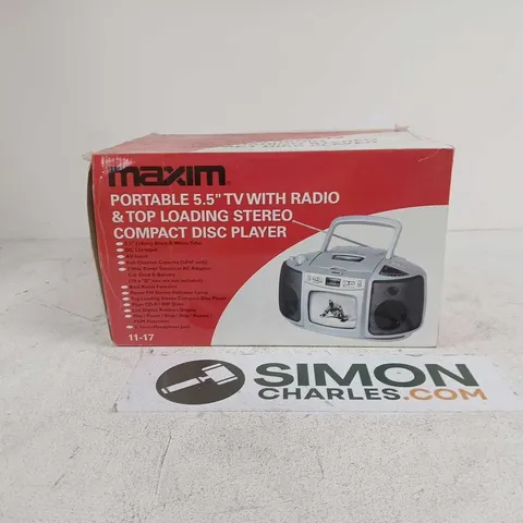 MAXIM PORTABLE 5.5" TV WITH RADIO AND TOP LOADING STEREO CD PLAYER BOXED