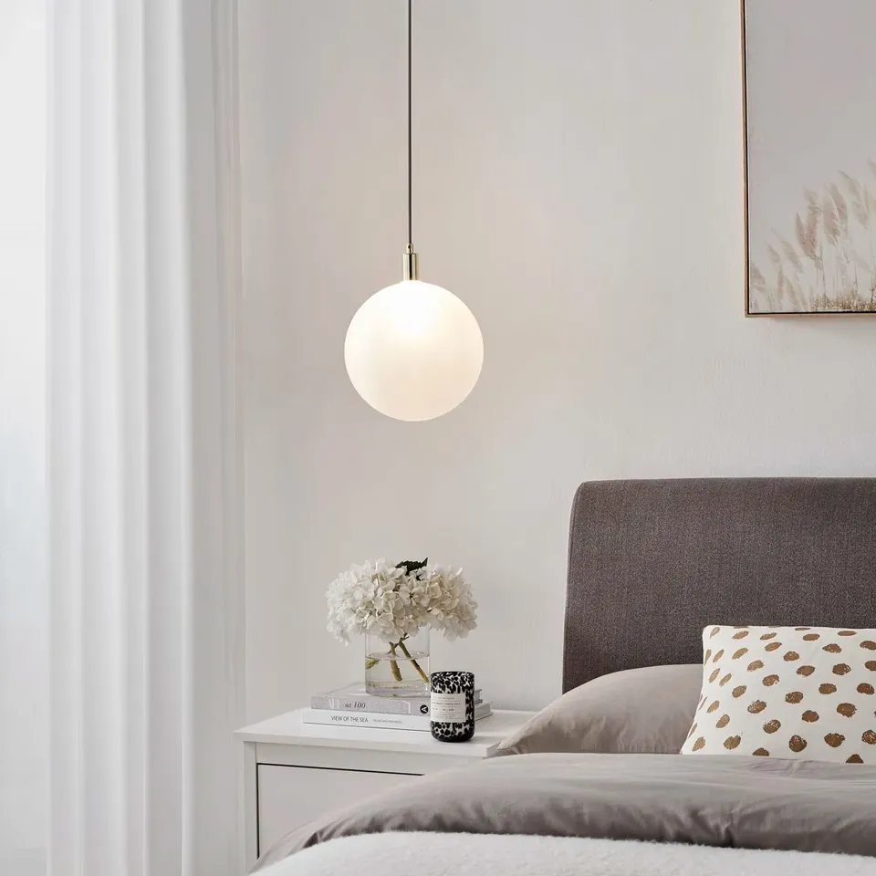 BOXED ANJELYNA FROSTED GLOBE PENDANT LIGHT - CLASSY DROP LIGHT, GOLD ACCENTS (1 BOX)