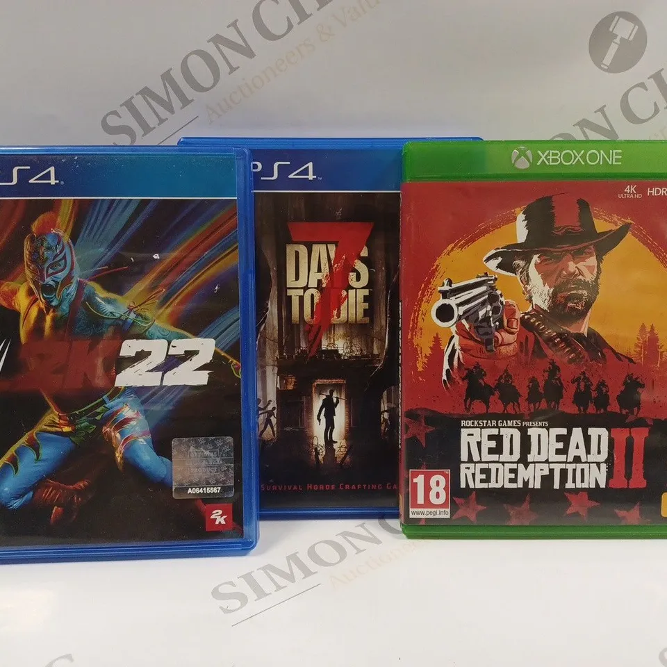 BOX OF 7 ASSORTED GAMES TO INCLUDE WWE 2K22, RED DEAD REDEMPTION 2, 7 DAYS TO DIE, ETC. 