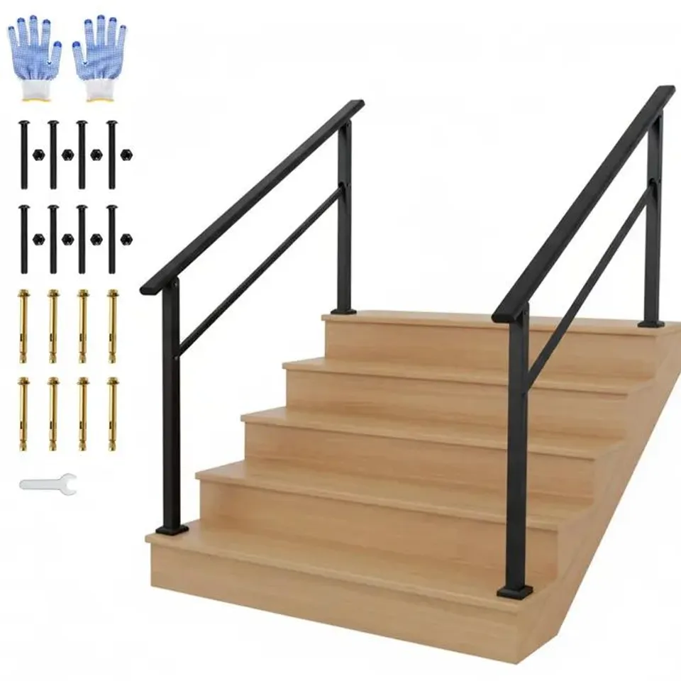 BOXED GARVEE OUTDOOR HANDRAIL FOR STEPS, 5 STEP STAIR HANDRAIL, BLACK ALUMINUM AND IRON, ADJUSTABLE 0°-45°, INCLUDES GLOVES