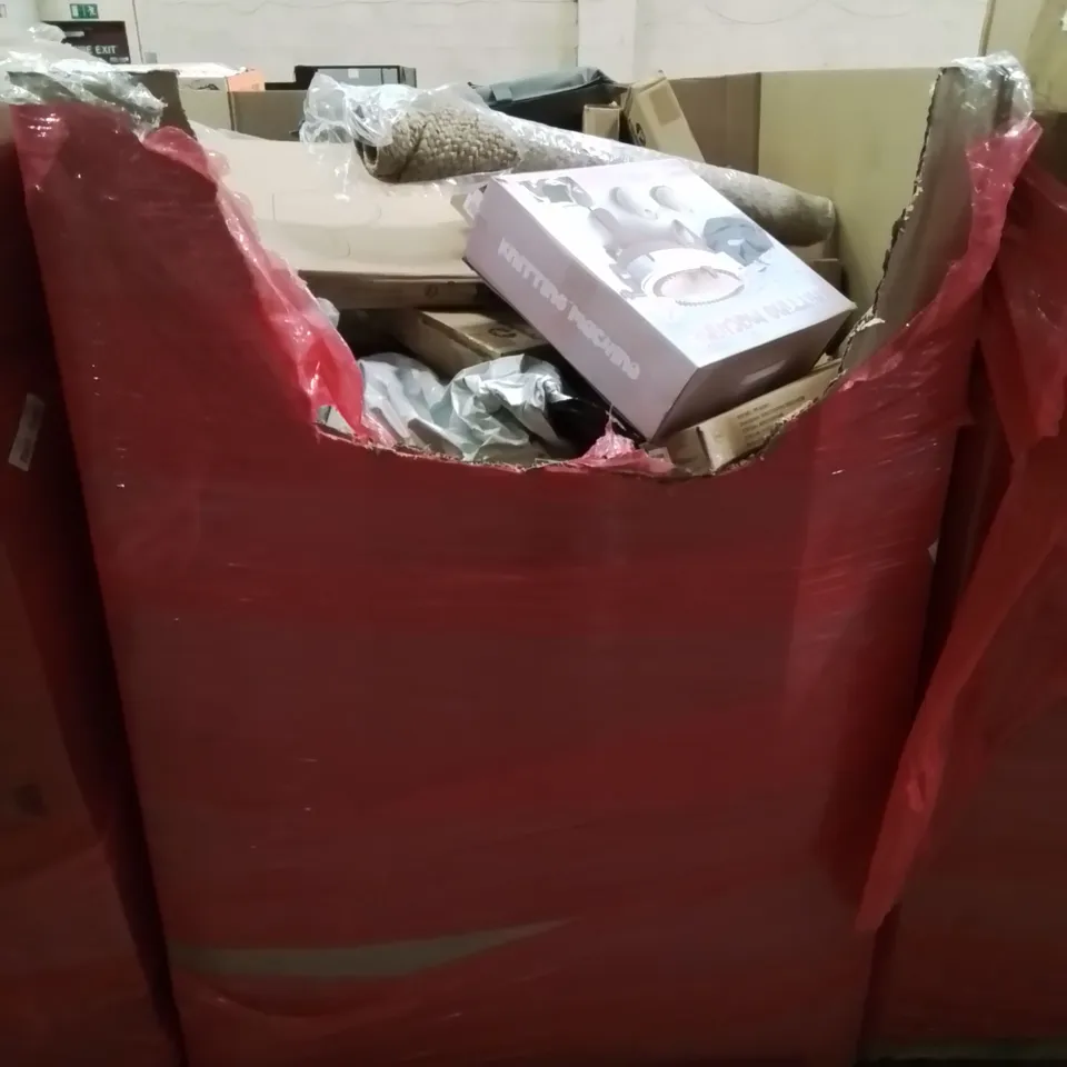 PALLET CONTAINING VARIOUS ASSORTED ITEMS TO INCLUDE: KNITTING MACHINE,  TOILET SEATS, AREA RUG, ORTHOPEDIC THERAPY PILLOW,  AND LOTS MORE UNMARKED BOXED ITEMS 