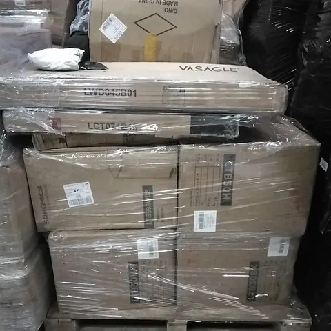 PALLET OF HOUSEHOLD ITEMS TO INCLUDE COMPUTER DESK, COFFEE TABLE,  TRASH CAN AND OTHER ASSORTED ITEMS...