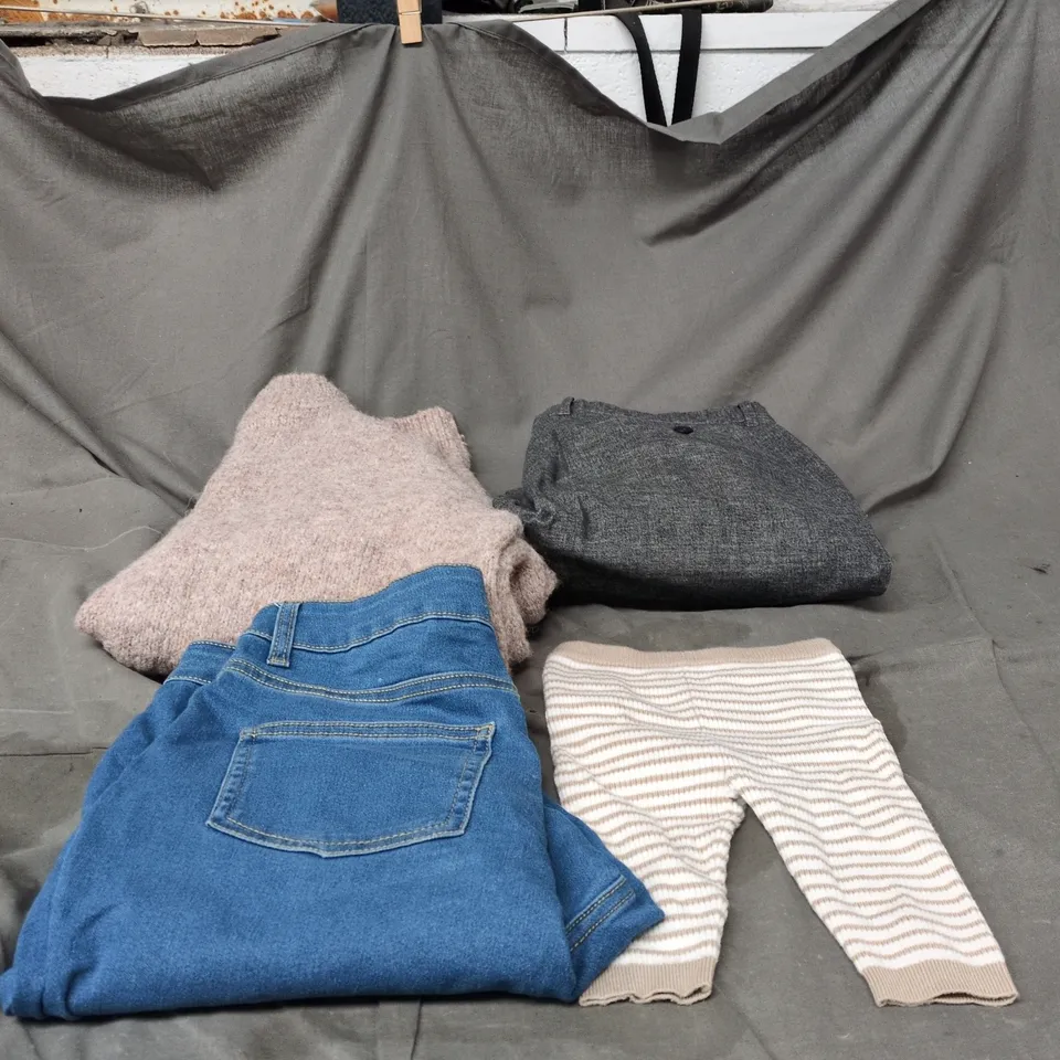 BOX OF APPROXIMATELY 25 ASSORTED CLOTHING ITEMS TO INCLUDE ASOS KNITTED JUMPER, BABY TROUSERS, TROUSERS ETC