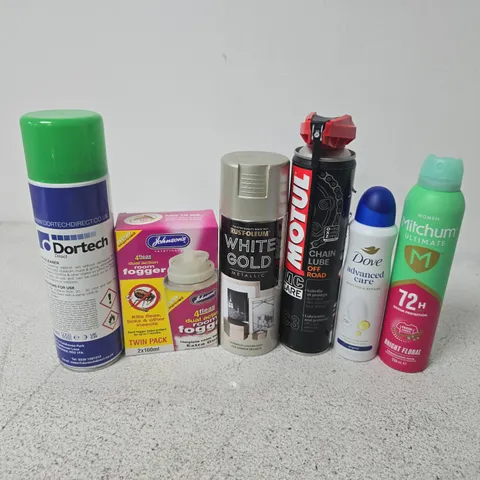 APPROXIMATELY 12 ASSORTED AEROSOLS TO INCLUDE DORTECH UPVC CLEANER, WHITE GOLD METALLIC PAINT, DOVE ADVANCED CARE, ETC - COLLECTION ONLY