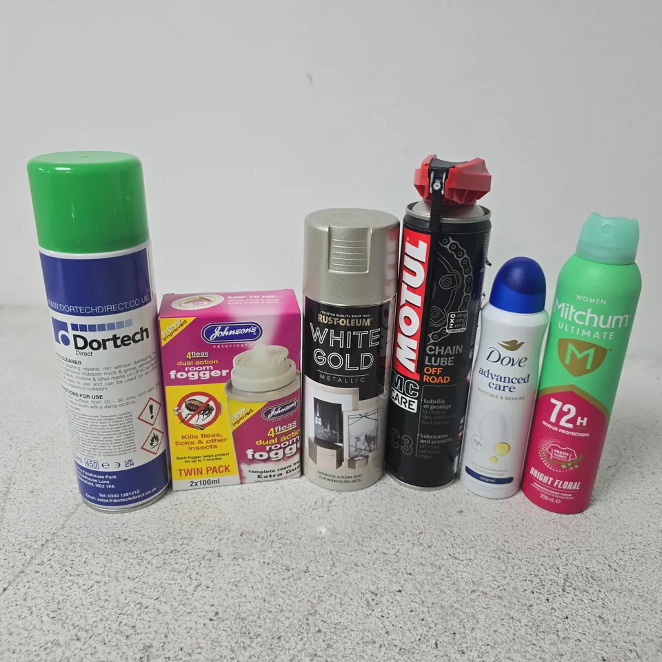 APPROXIMATELY 12 ASSORTED AEROSOLS TO INCLUDE DORTECH UPVC CLEANER, WHITE GOLD METALLIC PAINT, DOVE ADVANCED CARE, ETC - COLLECTION ONLY