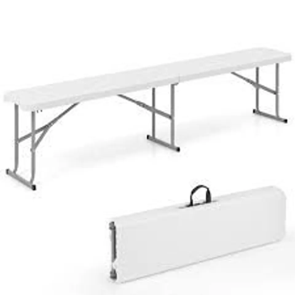 BOXED COSTWAY 3 SEATER WHITE PLASTIC FOLDING BENCH WITH CARRY HANDLE
