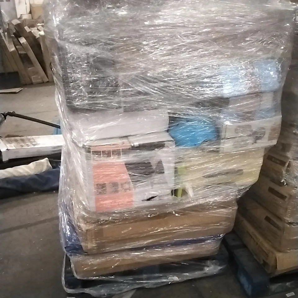 PALLET CONTAINING A LARGE QUANTITY OF ASSORTED HOUSEHOLD GOODS WHICH INCLUDE; AIRFRYER, SUITCASES, PACK OF 2 CHAIRS, FOLDING CHAIRS, COOLER ETC