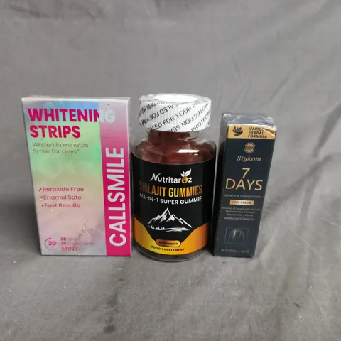 APPROX 10 ASSORTED ITEMS TO INCLUDE : WHITENING STRIPS, SHILAJIT GUMMIES & 7 DAYS HERBAL SERUM