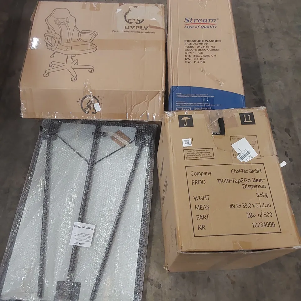 PALLET OF ASSORTED ITEMS INCLUDING GAMING CHAIR, PRESSURE WASHER, WHITEBOARD, TAP2GO-BEER-DISPENSER